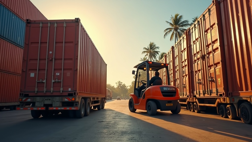 Shipping container being loaded with palletized cargo at an Indonesian export port