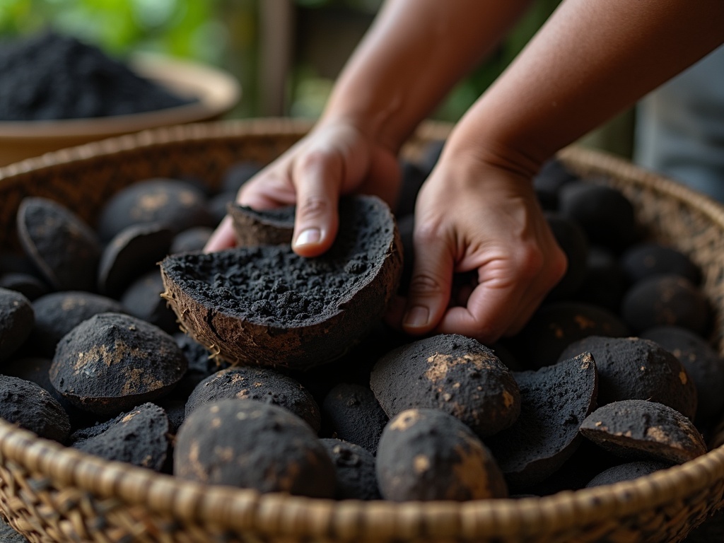 Coconut shells being processed into charcoal at a Bali workshop