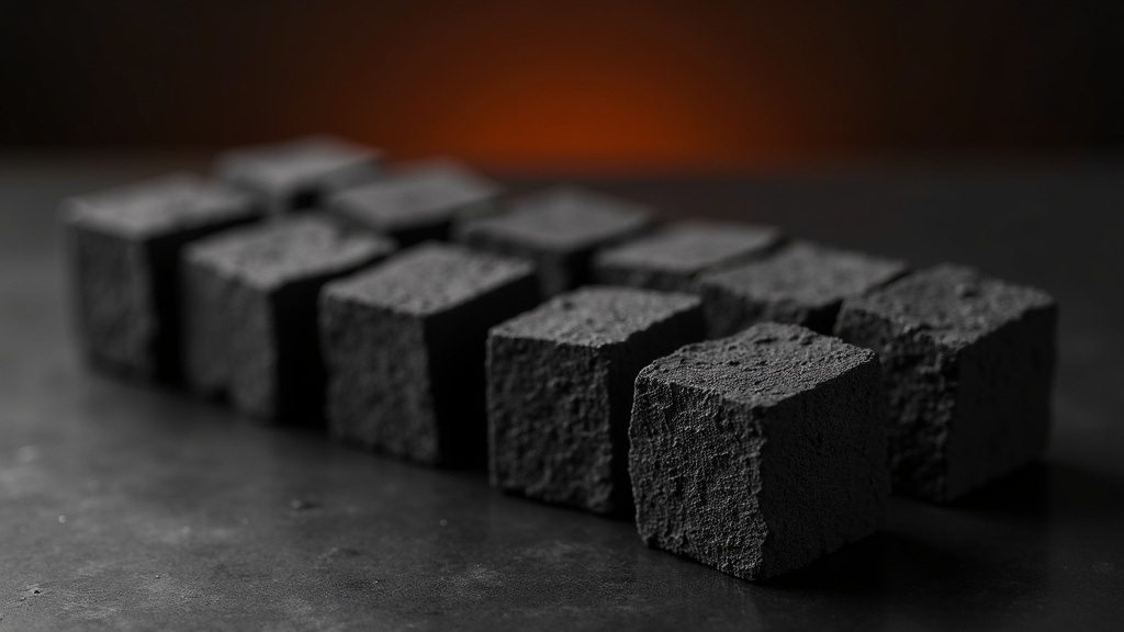 Rows of export-grade coconut shell shisha charcoal cubes on a dark steel surface under directional light